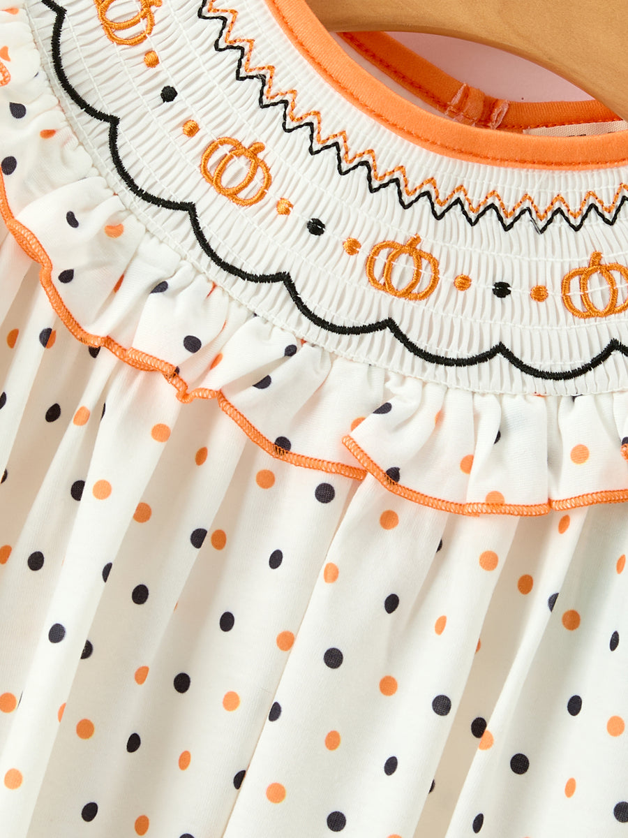 Halloween Pumpkin Smocked Baby Girl Bubble Romper Polka Dot Ruffle