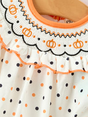 Halloween Pumpkin Smocked Girls Dress Polka Dot Ruffle Sleeve