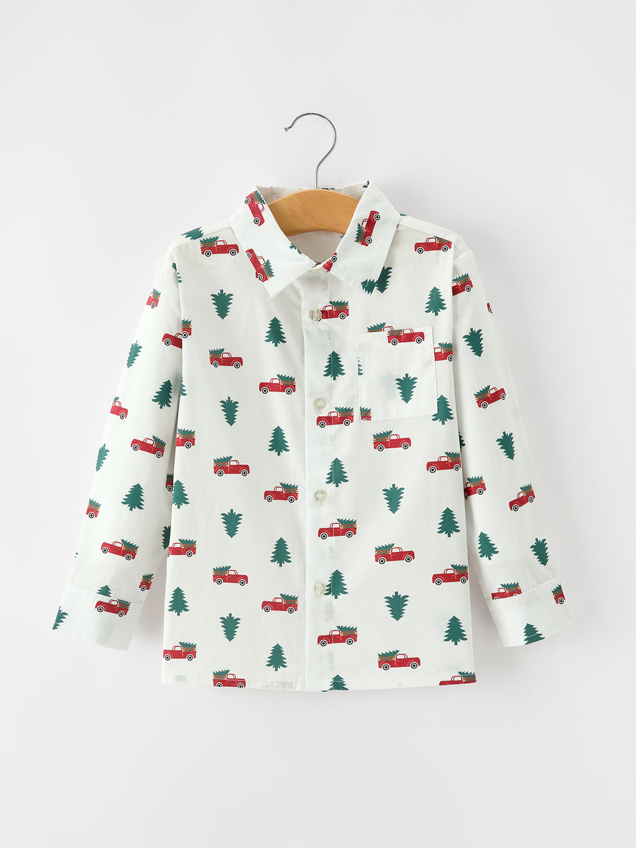 Christmas Boys Christmas Tree Truck Print Shirt & Red Suspender Pants Set