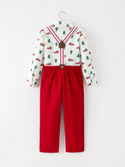 Christmas Boys Christmas Tree Truck Print Shirt & Red Suspender Pants Set