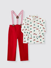 Christmas Boys Christmas Tree Truck Print Shirt & Red Suspender Pants Set
