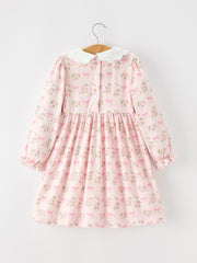 FALL Girls Pink Floral Embroidered Collar Smocked Dress