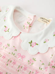 FALL Girls Pink Floral Embroidered Collar Smocked Dress