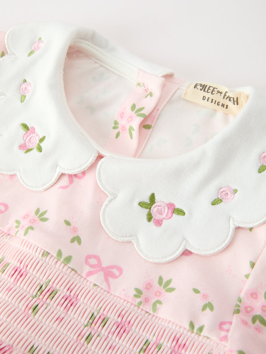 FALL Girls Pink Floral Embroidered Collar Smocked Dress