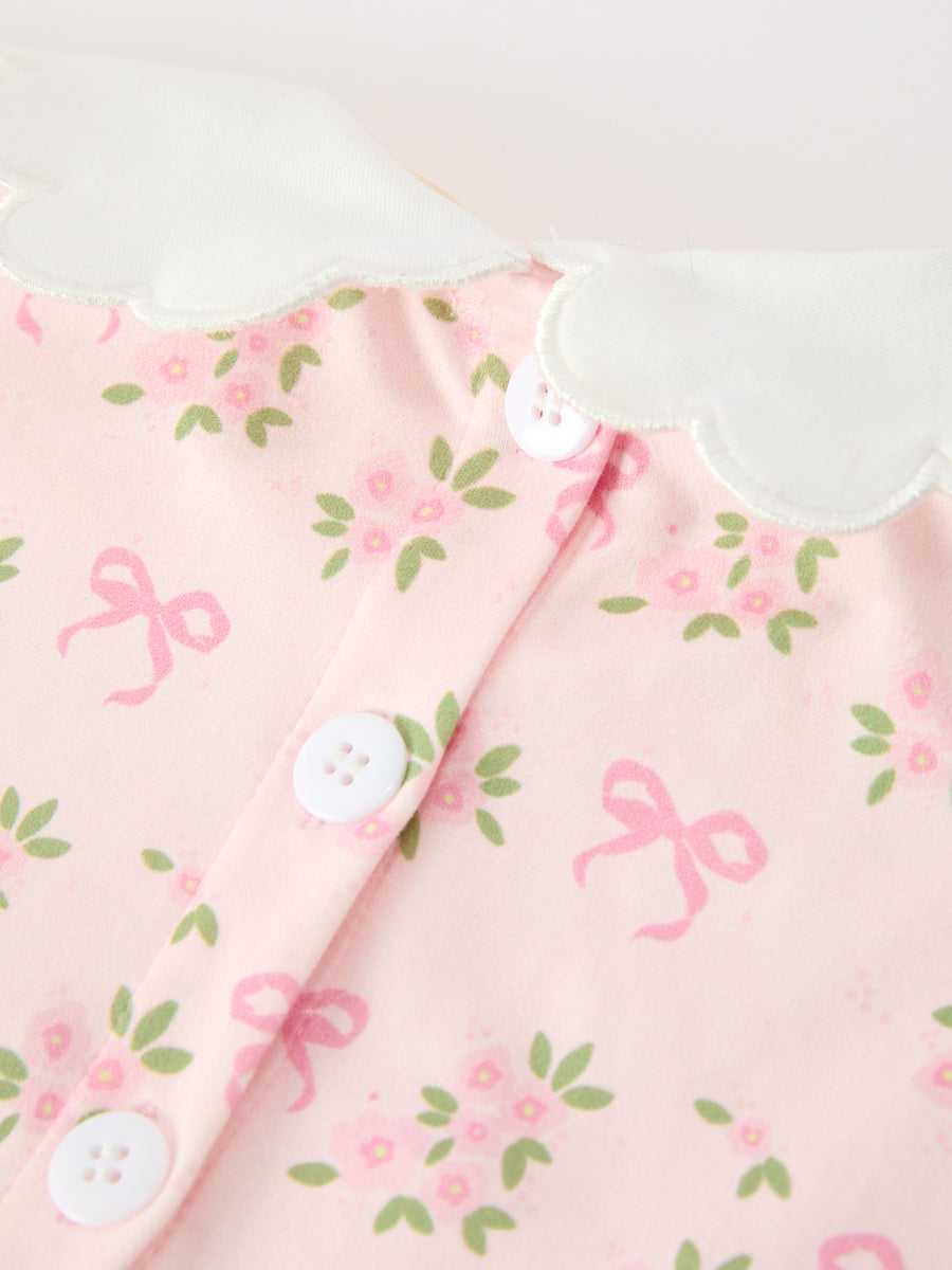 FALL Girls Pink Floral Embroidered Collar Smocked Dress
