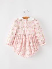 FALL Baby Girls Pink Floral Embroidered Collar Smocked Romper