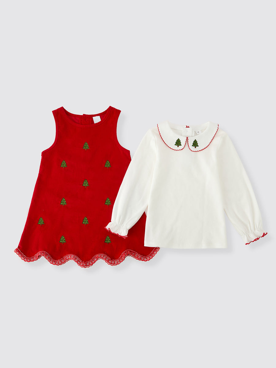 Girls Christmas Tree Embroidered Corduroy Dress & Cotton Top Set