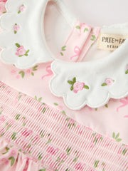 FALL Baby Girls Pink Floral Embroidered Collar Smocked Romper