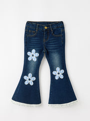FALL Girls Floral Appliqué Denim Bell Bottom Jeans