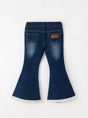 FALL Girls Floral Appliqué Denim Bell Bottom Jeans