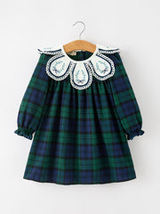 Christmas Girls Green & Navy Plaid Embroidered Collar Dress