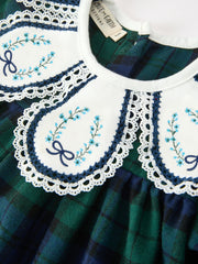Christmas Girls Green & Navy Plaid Embroidered Collar Dress