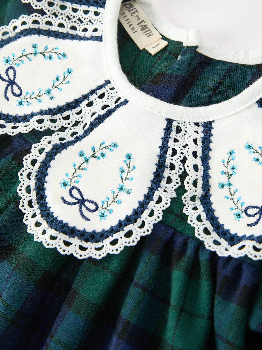 Christmas Girls Green & Navy Plaid Embroidered Collar Dress