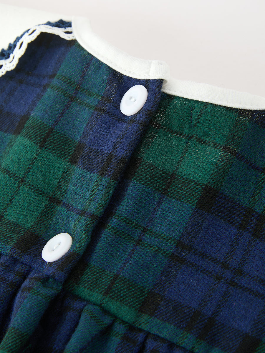 Christmas Girls Green & Navy Plaid Embroidered Collar Dress