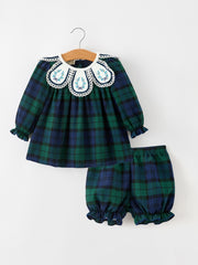 Christmas Girls Green & Navy Plaid Embroidered Bloomer Set