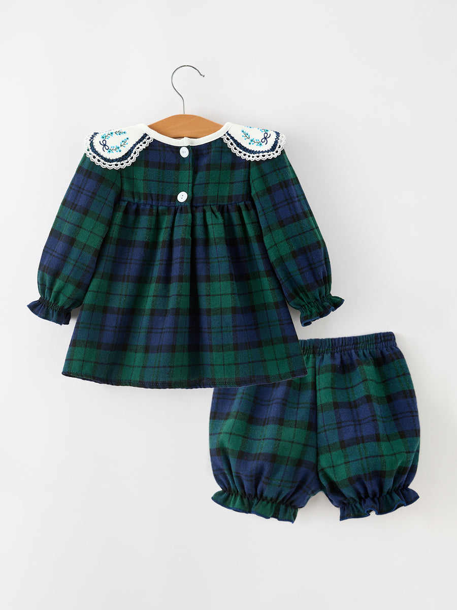Christmas Girls Green & Navy Plaid Embroidered Bloomer Set