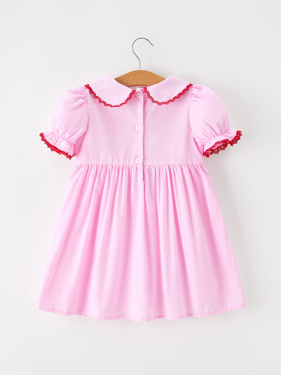 Girls Valentine's Day Pink Heart Embroidered Smocked Dress