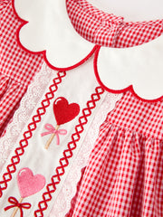 Valentine Girls Red Plaid Heart Embroidered Lace Dress