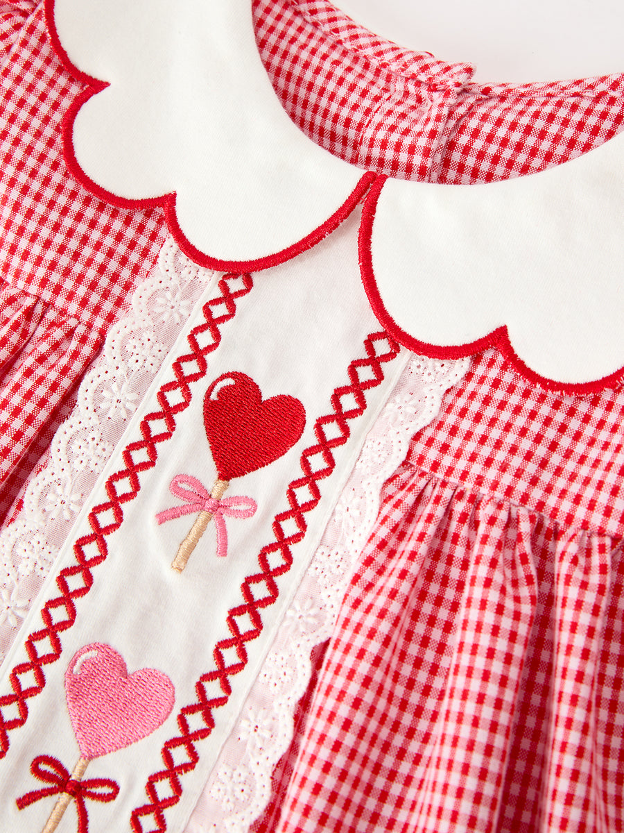 Valentine Girls Red Plaid Heart Embroidered Lace Dress
