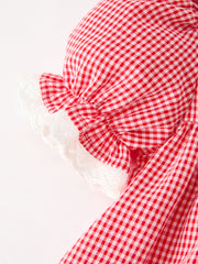 Valentine Girls Red Plaid Heart Embroidered Lace Dress