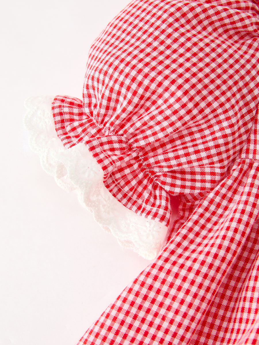 Valentine Girls Red Plaid Heart Embroidered Lace Dress