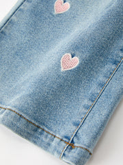 Valentine Girls Pink Heart Embroidered Wide Leg Jeans