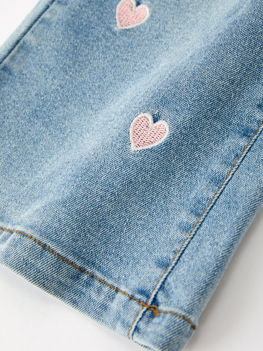 Valentine Girls Pink Heart Embroidered Wide Leg Jeans