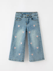 Valentine Girls Pink Heart Embroidered Wide Leg Jeans