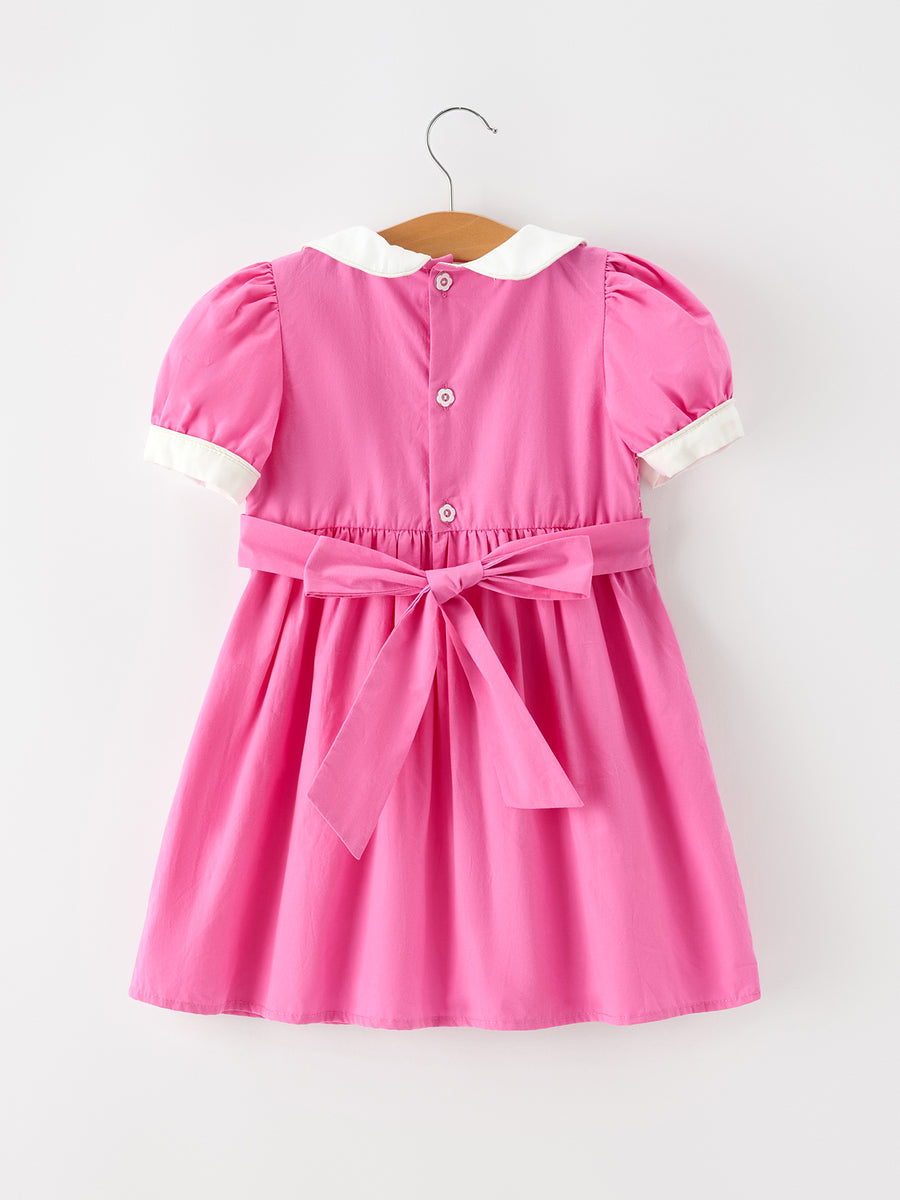 FALL Girls Hot Pink Floral Embroidered Smocked Dress
