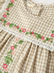 Fall Girls Khaki Plaid Floral Embroidered Dress