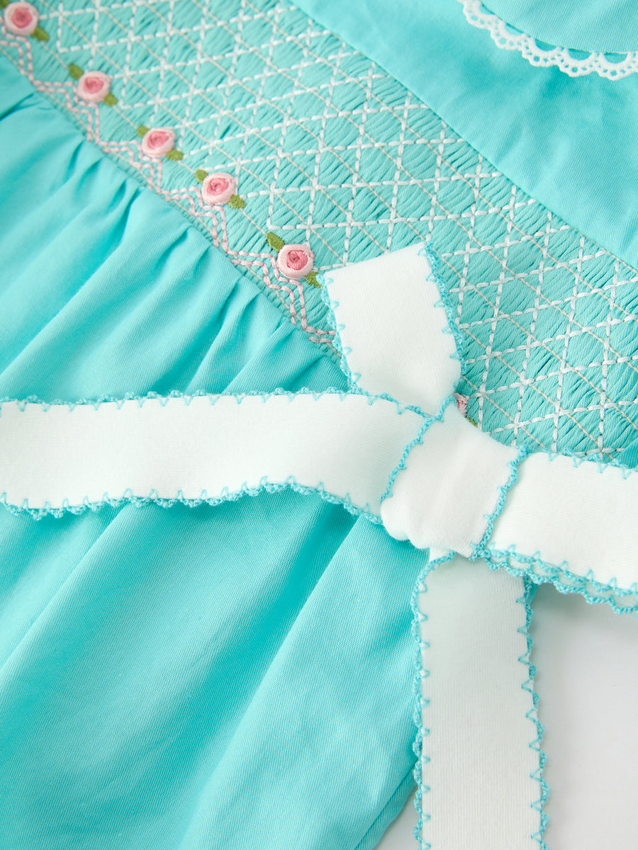 FALL Girls Aqua Smocked Floral Bow Bubble Romper