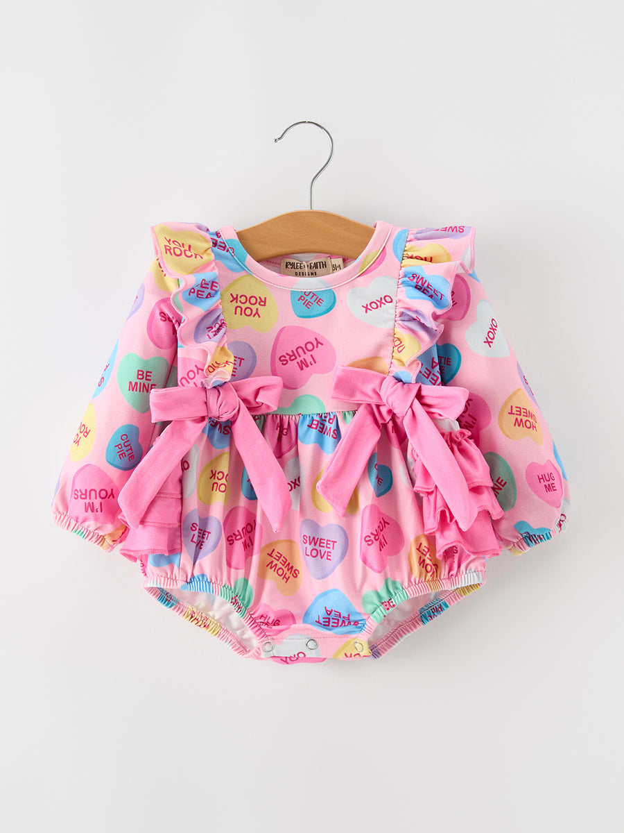 Valentine’s Day Girls Conversation Heart Print Bow Romper
