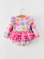 Valentine’s Day Girls Conversation Heart Print Bow Romper