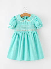 FALL Girls Aqua Floral Embroidered Smocked Dress