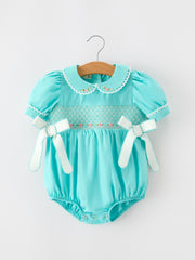 FALL Girls Aqua Smocked Floral Bow Bubble Romper