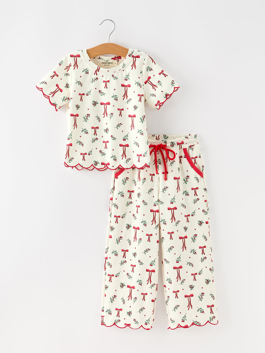 Christmas Girls Bow & Holly Print Scallop Trim Pants Set