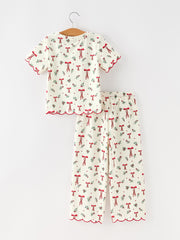 Christmas Girls Bow & Holly Print Scallop Trim Pants Set