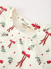 Christmas Girls Bow & Holly Print Scallop Trim Pants Set