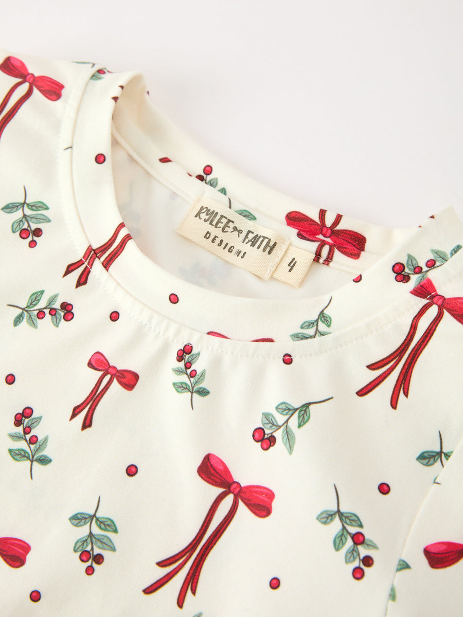Christmas Girls Bow & Holly Print Scallop Trim Pants Set