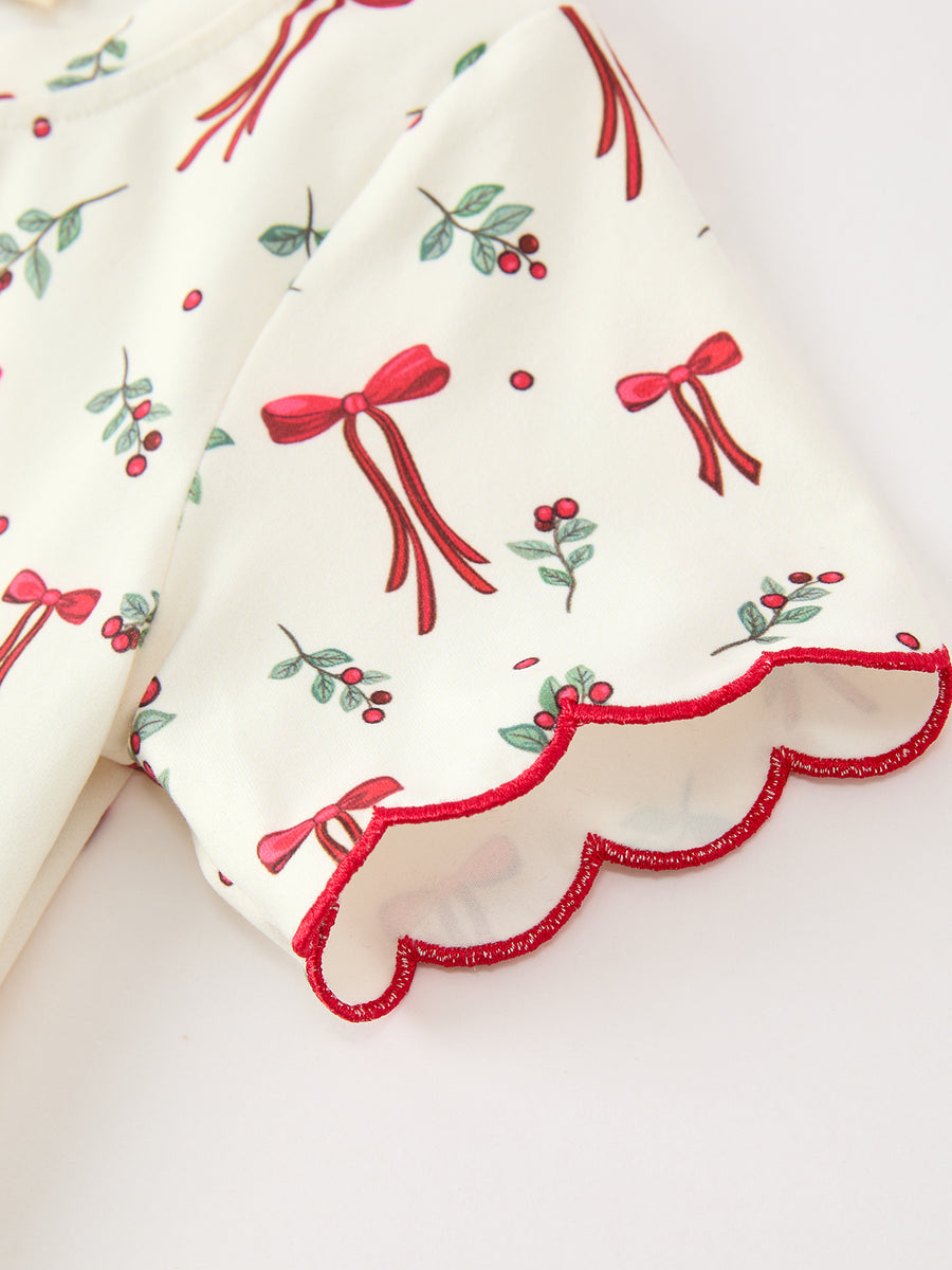 Christmas Girls Bow & Holly Print Scallop Trim Pants Set