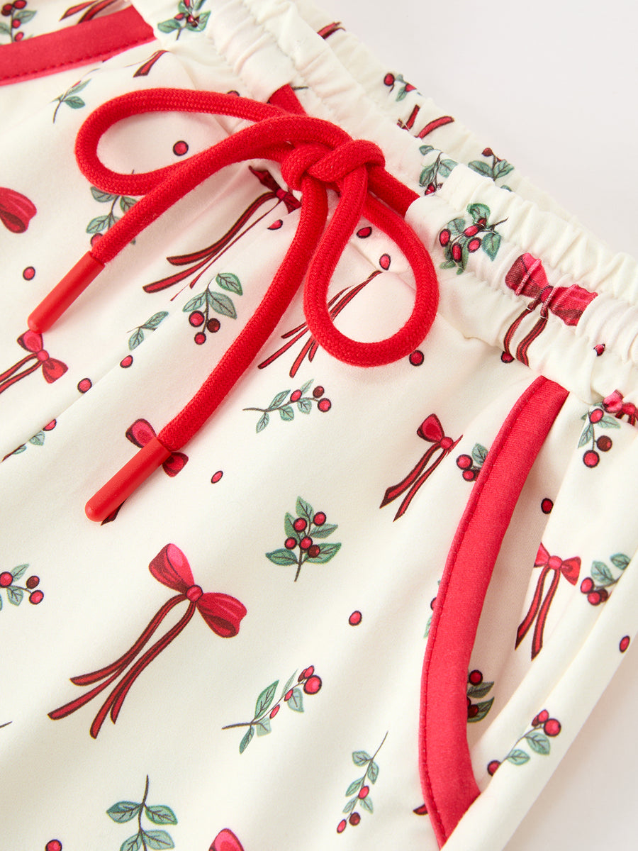 Christmas Girls Bow & Holly Print Scallop Trim Pants Set