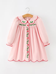 Girls Christmas Pink Holly Embroidered Scallop Dress