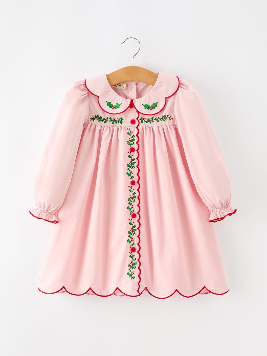 Girls Christmas Pink Holly Embroidered Scallop Dress