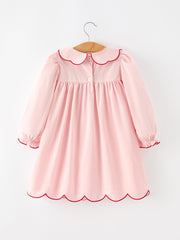 Girls Christmas Pink Holly Embroidered Scallop Dress