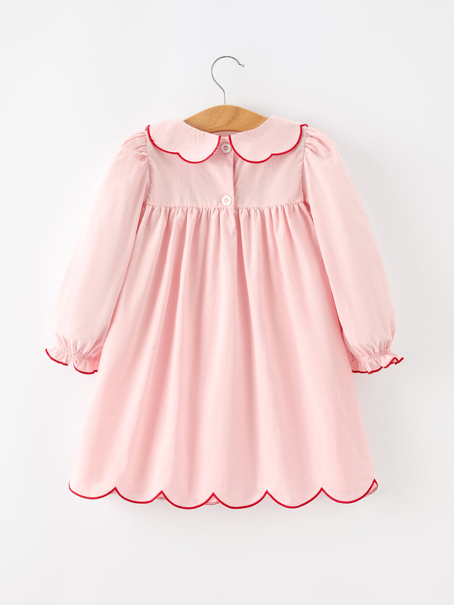 Girls Christmas Pink Holly Embroidered Scallop Dress