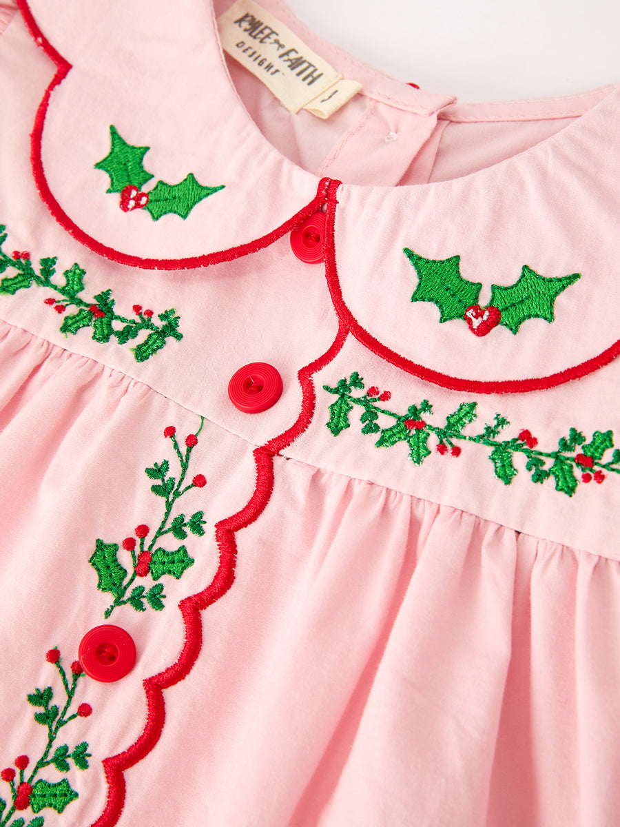Girls Christmas Pink Holly Embroidered Scallop Dress