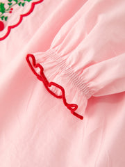 Girls Christmas Pink Holly Embroidered Scallop Dress