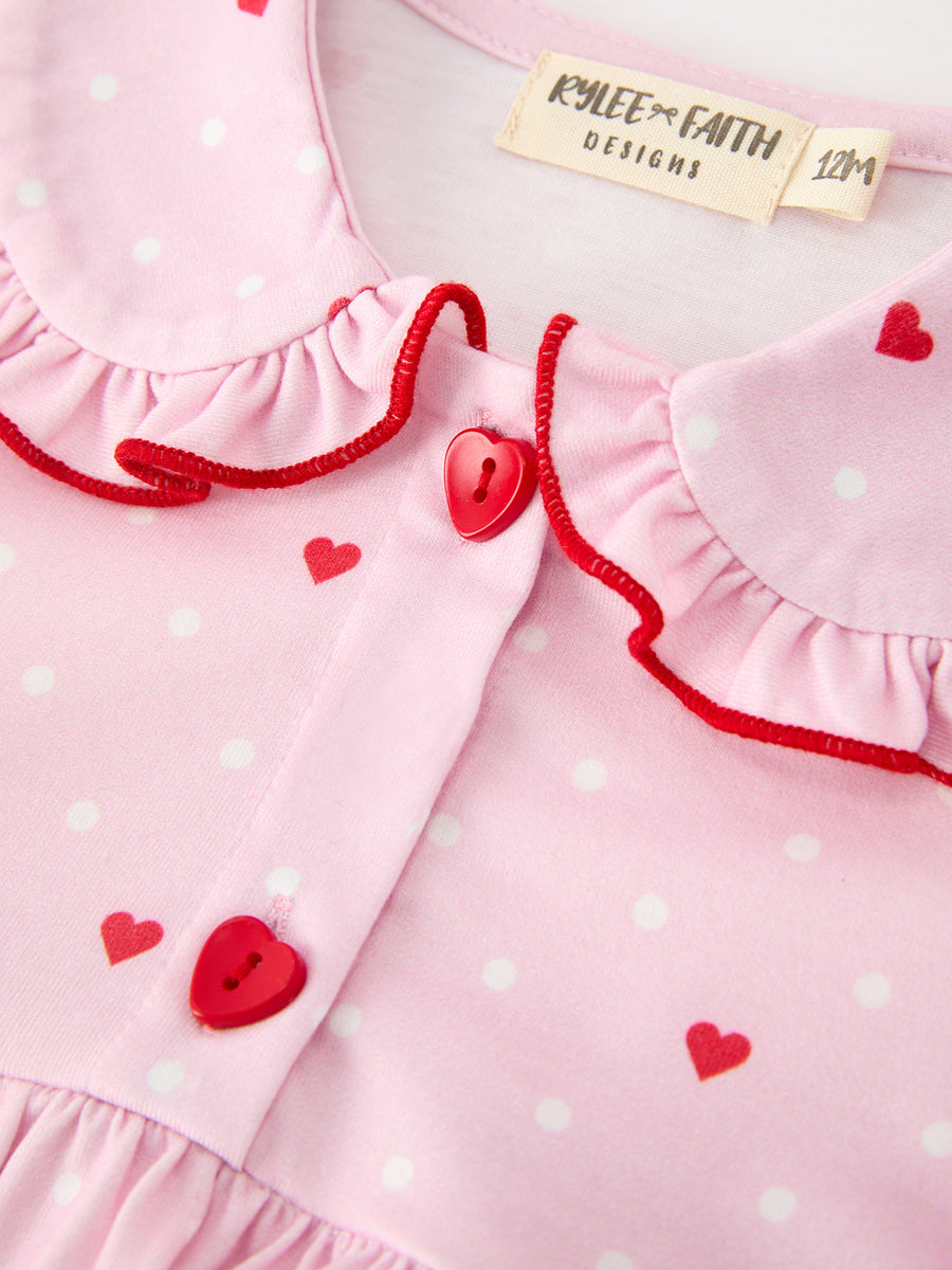 Baby Girls Valentine's Day Pink Heart Print Ruffle Bubble Romper