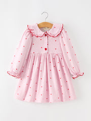Girls Valentine's Day Pink Heart Print Ruffle Collar Dress