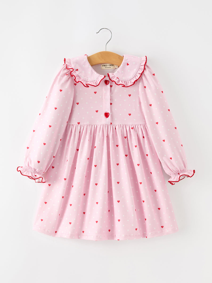 Girls Valentine's Day Pink Heart Print Ruffle Collar Dress